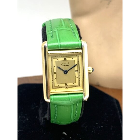 Cartier Must de Tank Women's Watch 366001 Swiss Quartz Gold Green Leather 21mm - Picture 11 of 12